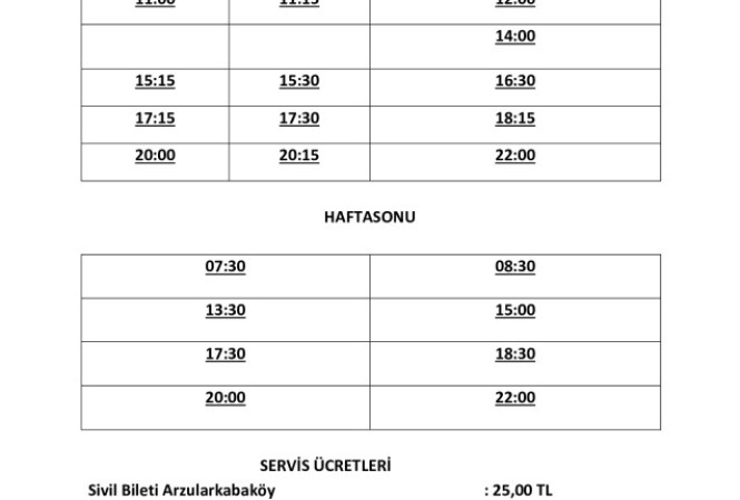 01.07.2024 Tarihinden İtibaren Servis Saatlerimiz