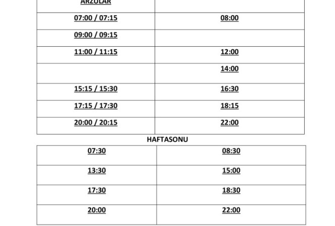 06.05.2024 TARİHİNDEN İTİBAREN SERVİS SAATLERİMİZ