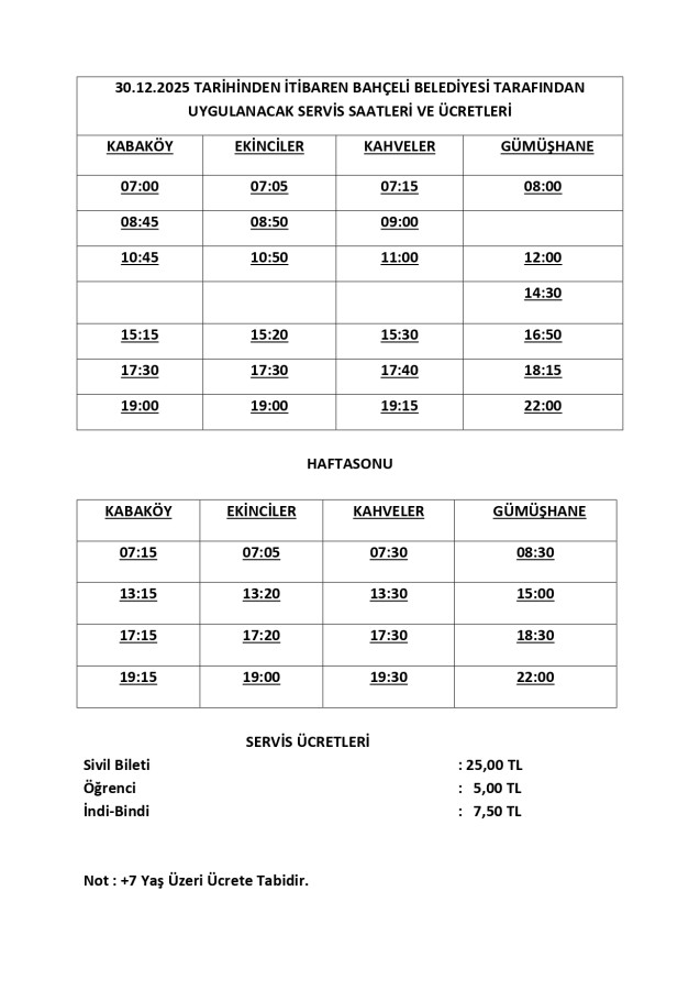 01.07.2024 Tarihinden İtibaren Servis Saatlerimiz